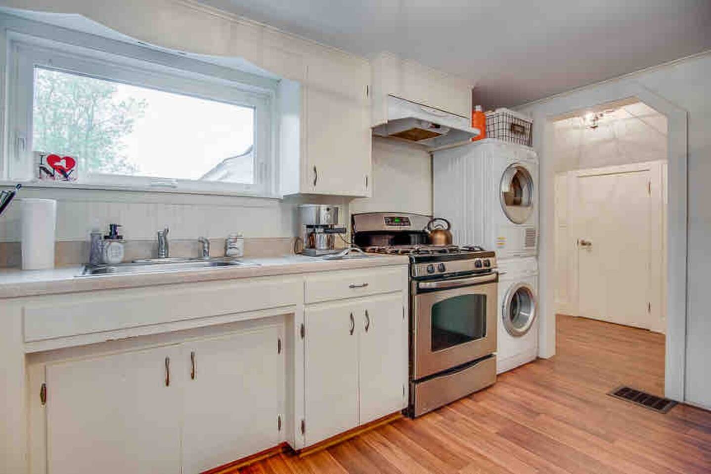 This kitchen has it all. Microwave, oven, loose leaf tea station, tea kettle, coffee station, popcorn maker with popcorn kernels provided, espresso machine. What more could you want? Let me know, maybe I can provide it for you!