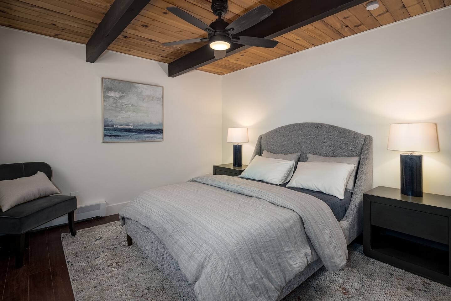 Bedroom 2:  "The Blue-Grey Room".  Large room also has a sitting chair and the beautiful nightstands also have USB ports for charging your devices while you sleep!Pro Tip: This is the most private room in the house--shh!