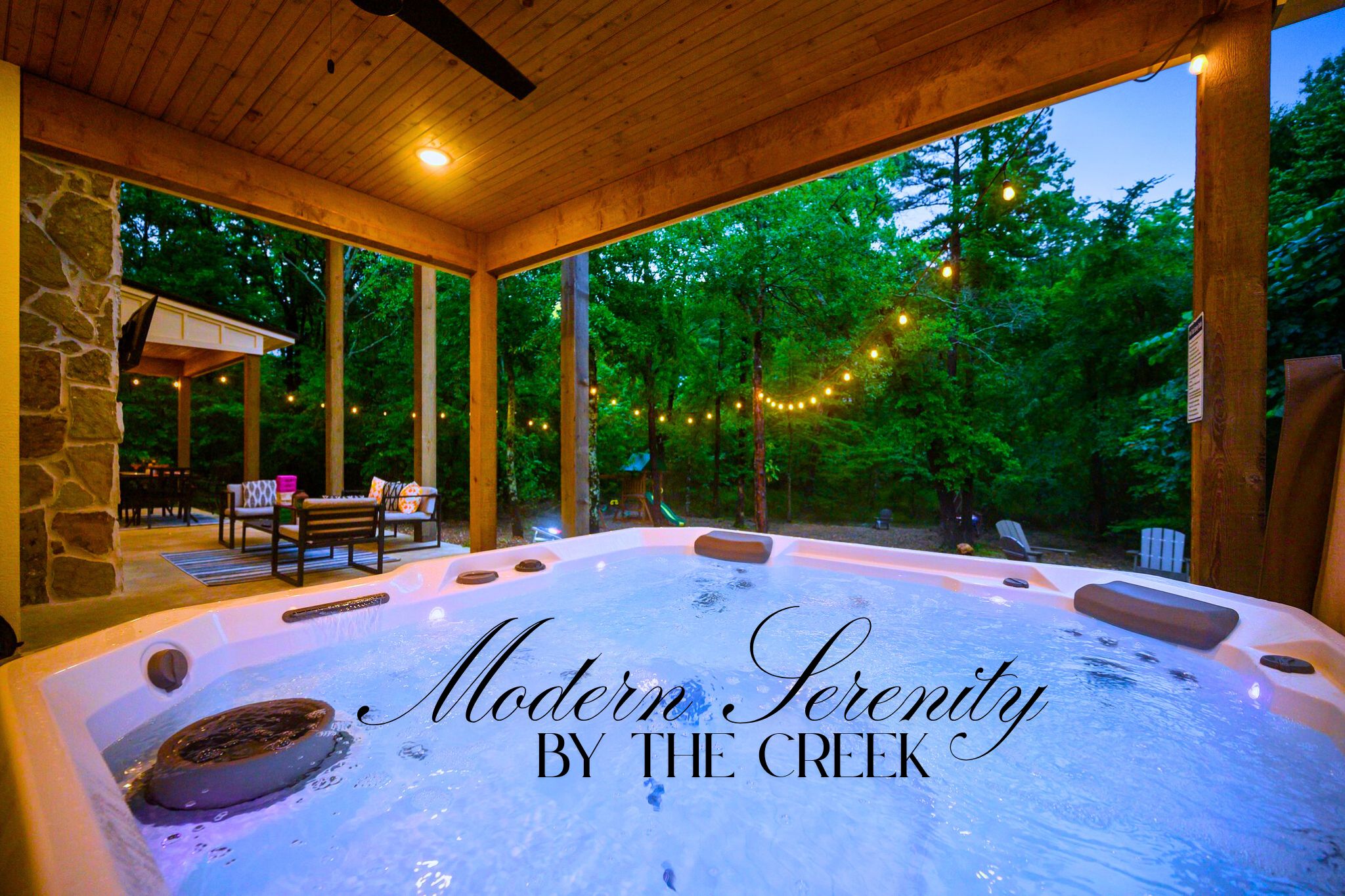 Relax in soothing bubbles while enjoying  view of the seasonal creek