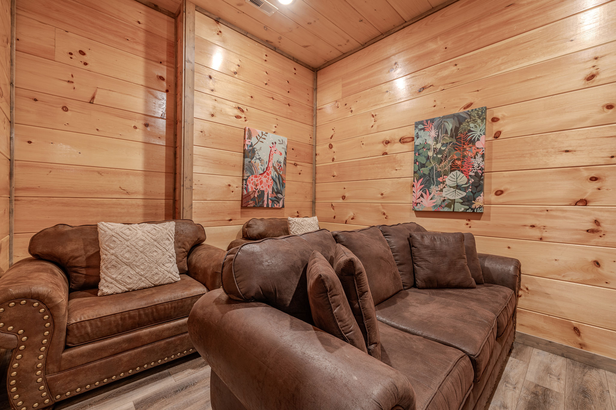 The Outpost Cinema is a dedicated theater room for movies, sports, streaming, and rainy-day downtime.