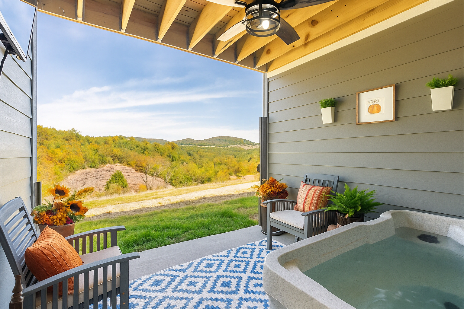 Unwind in your own private hot tub after a busy day in the crowds! The famous Shepherd of the Hills in direct view.