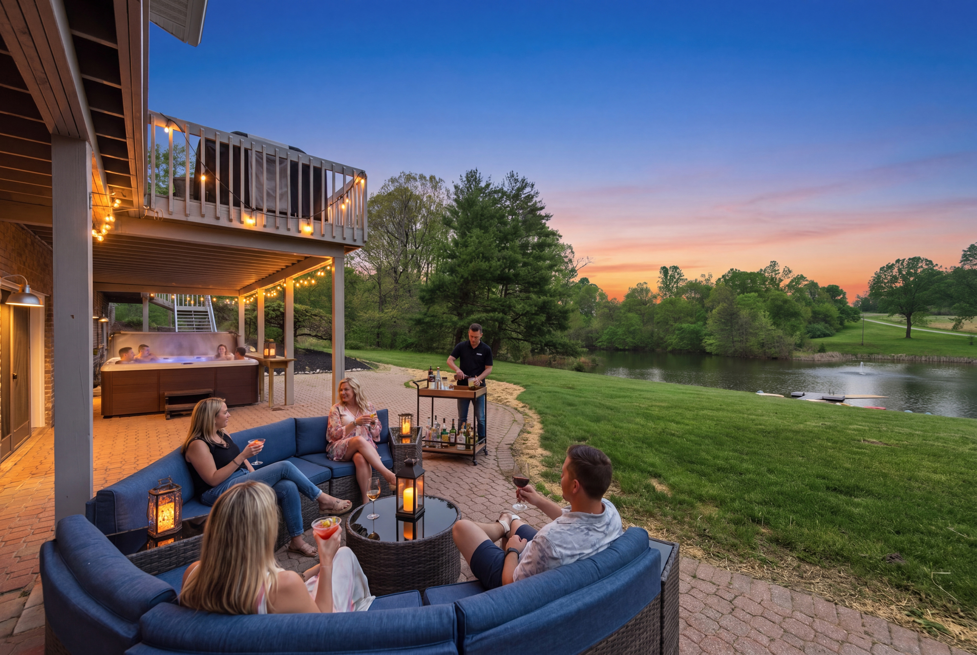 Sitting area and hot tub on lower patio.