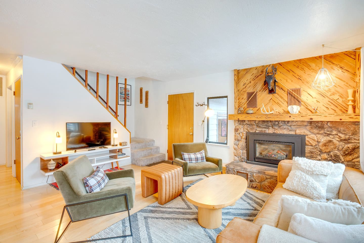 Living room with smart TV and fireplace