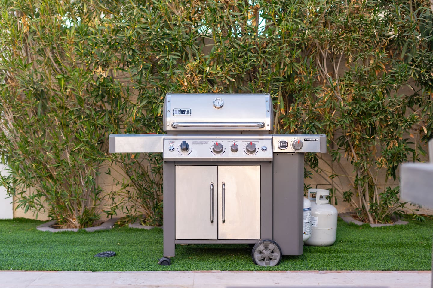 A stainless-steel Weber Genesis grill anchors the outdoor kitchen zone—ideal for barbecuing under sunny skies or starlit evenings.