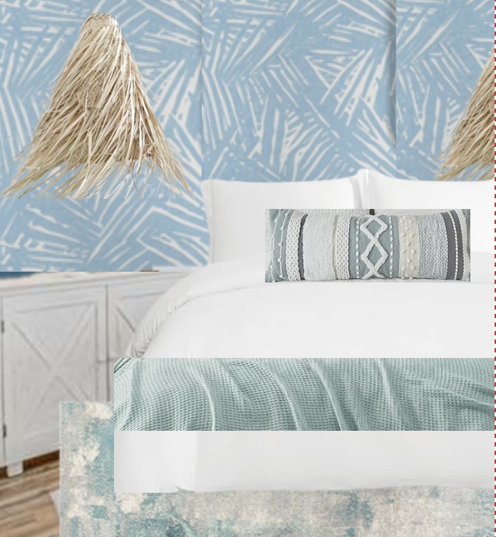 This is the look the master bedroom is getting upgraded to. Blue palmy wallpaper, all new bedding, hanging pendant lights and new rug! Updates will be completed 8/29 checkin.