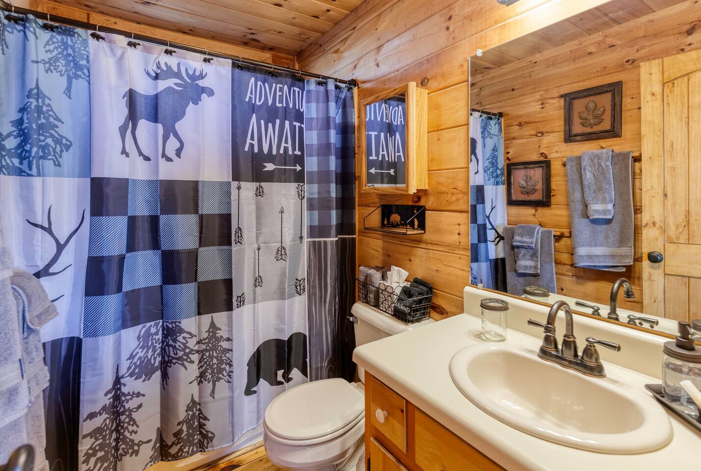 Main floor bathroom. Essentials like hand soap, shampoo, body wash, and conditioner are provided.