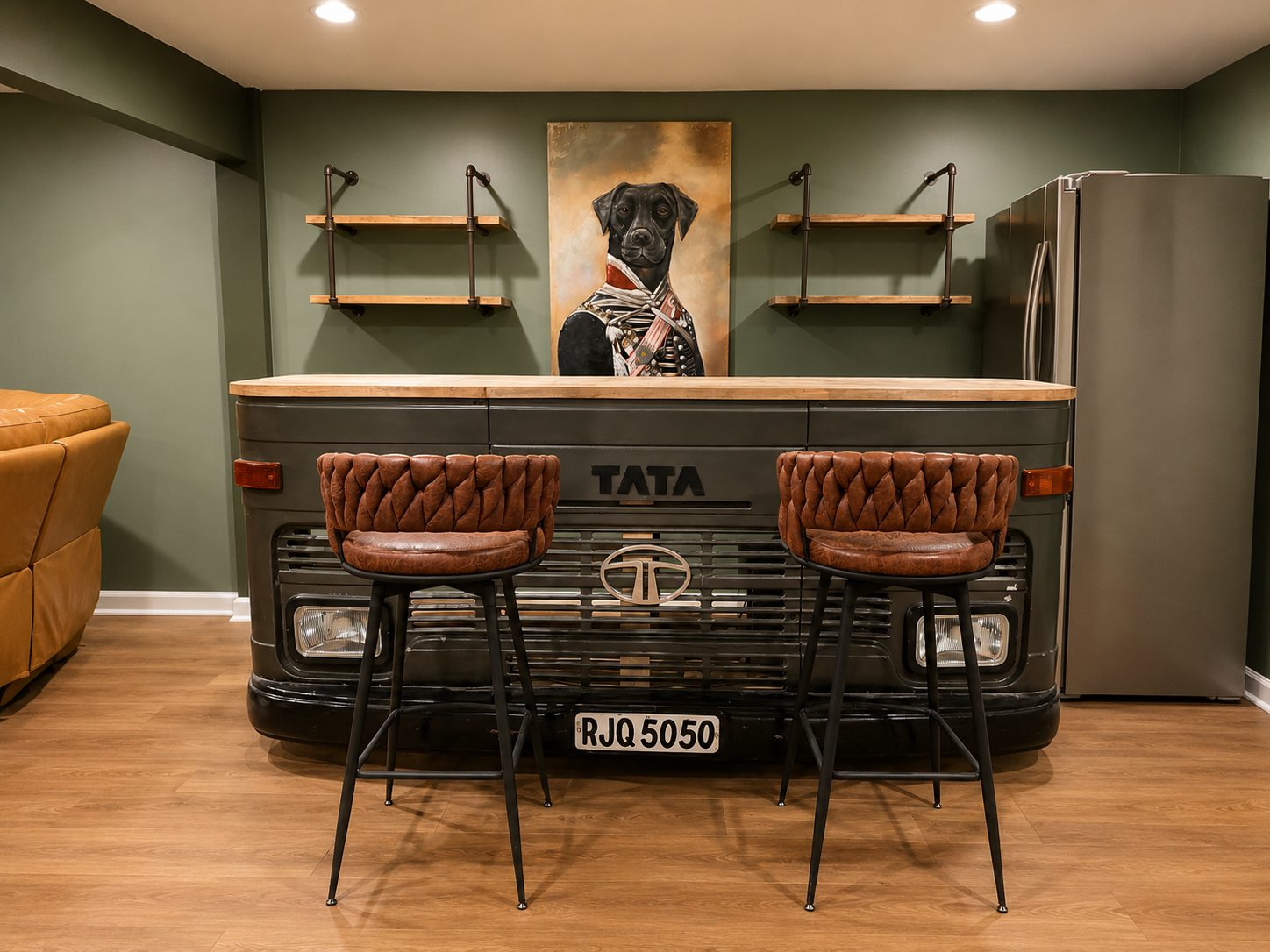 Basement game room bar with counter seating, a wet bar setup and a fun gathering spot beside the game area.