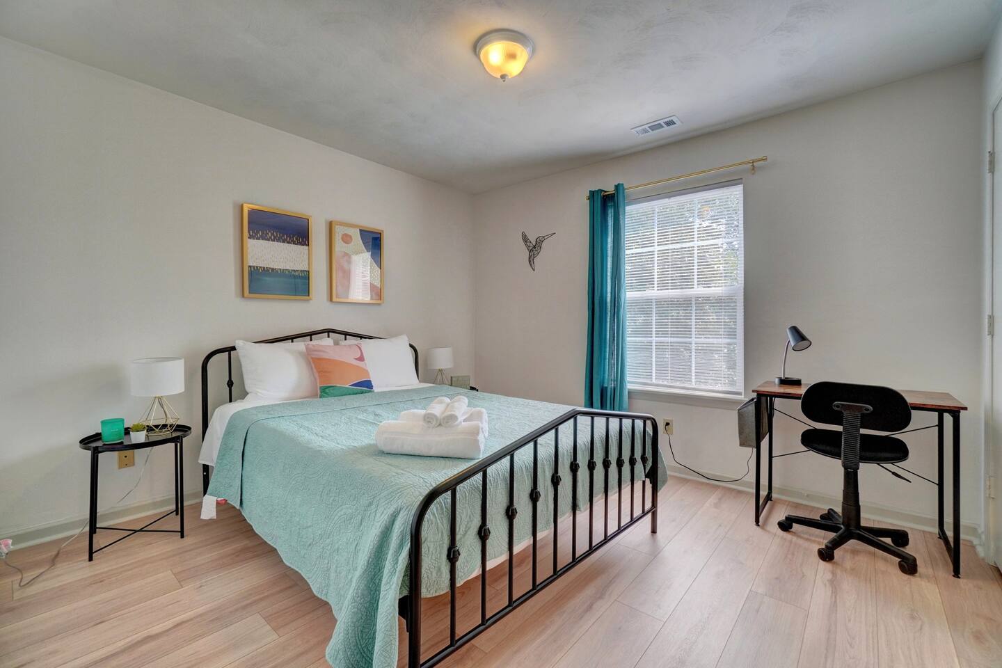 Queen size bed with work station. 