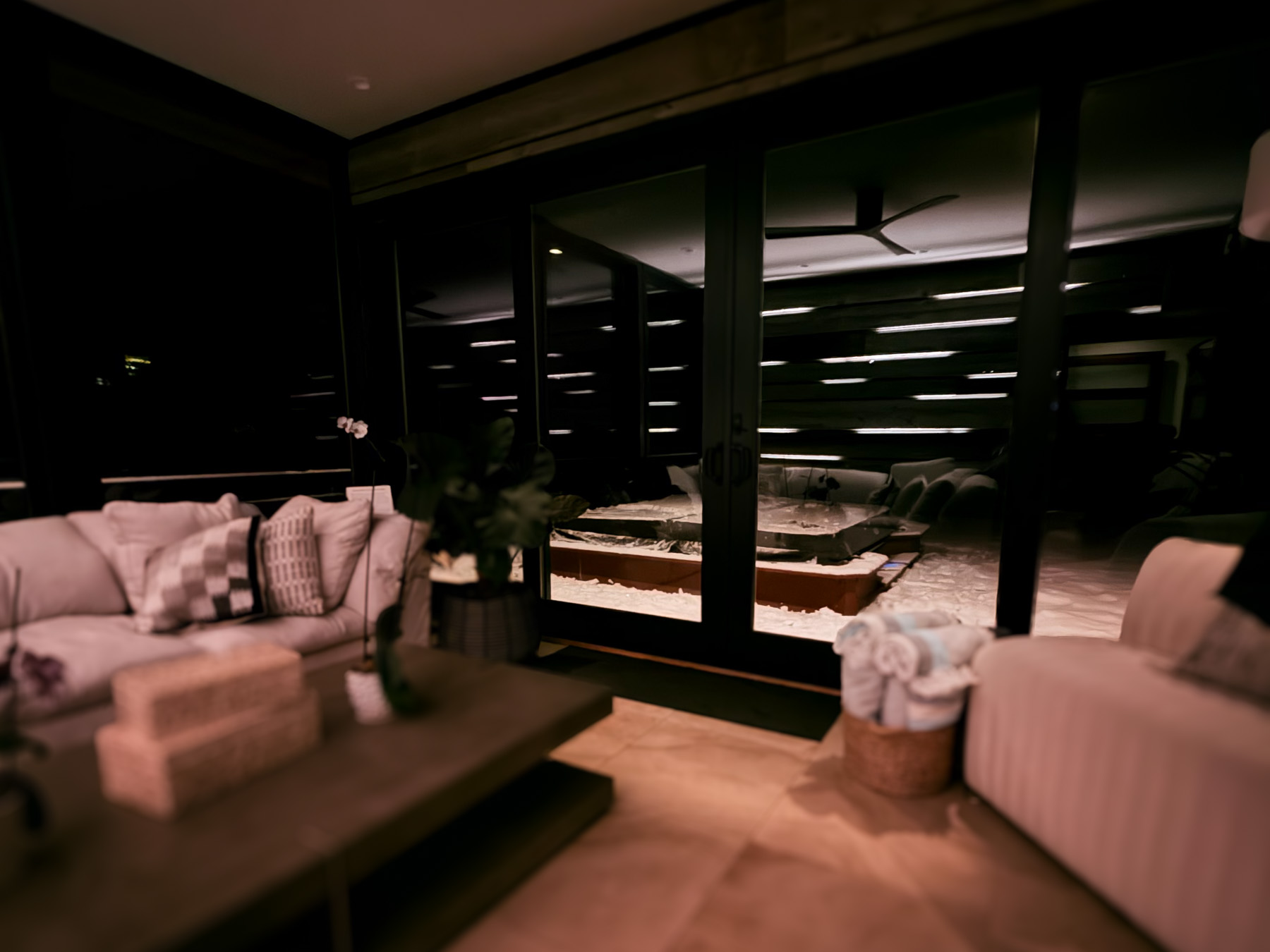 Sunroom and snowy deck at Sunset Falls &mdash; Berkshires winter