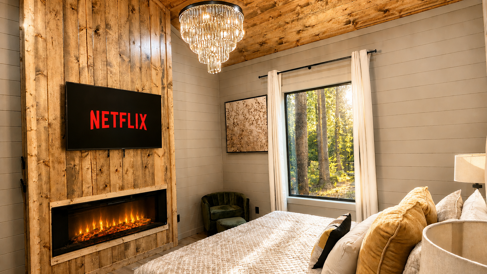 Bedroom Retreat: Enjoy Netflix by the fireplace with stunning forest views and modern decor!