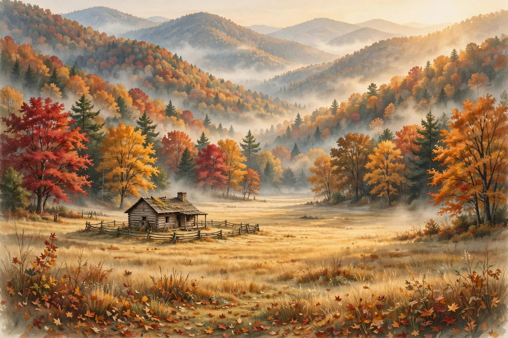 Cades Cove valley in peak autumn color with historic cabin