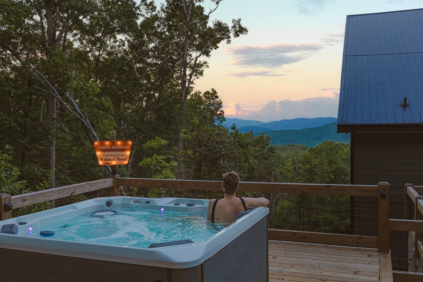 The hot tub deck and sign