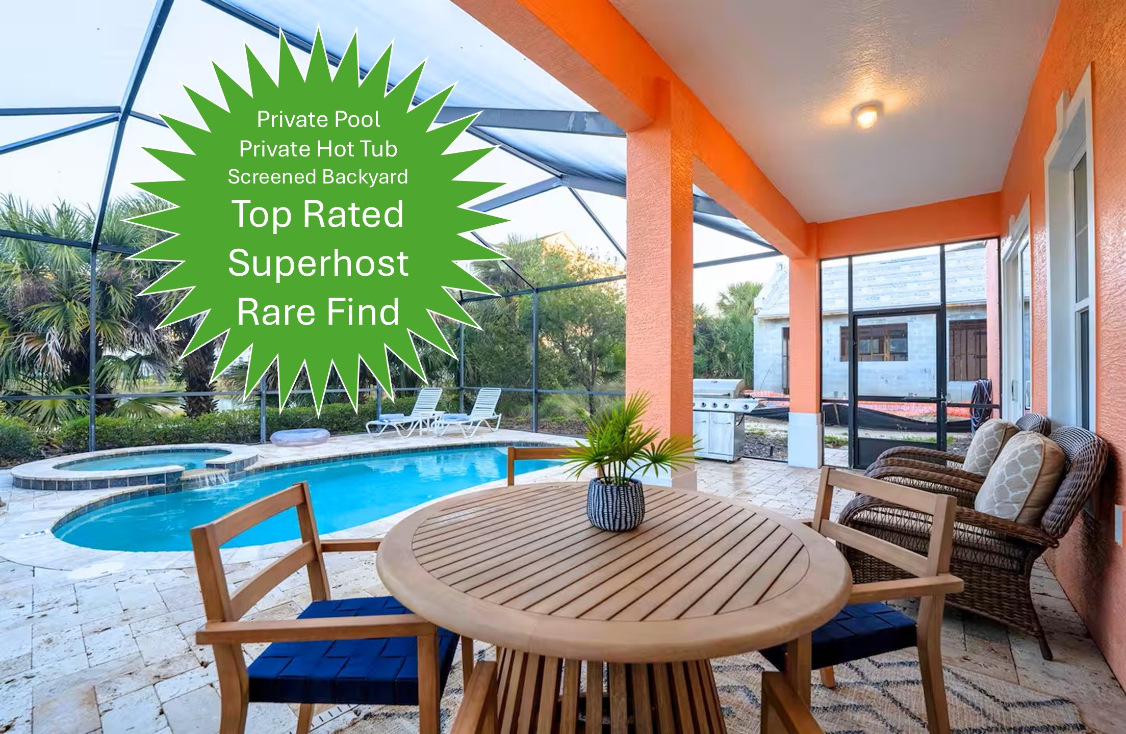 Outdoor dining with your private pool view 🌴
Enjoy meals under the covered patio, take a dip in the screened pool and spa, or fire up the grill—perfect for laid-back coastal living.