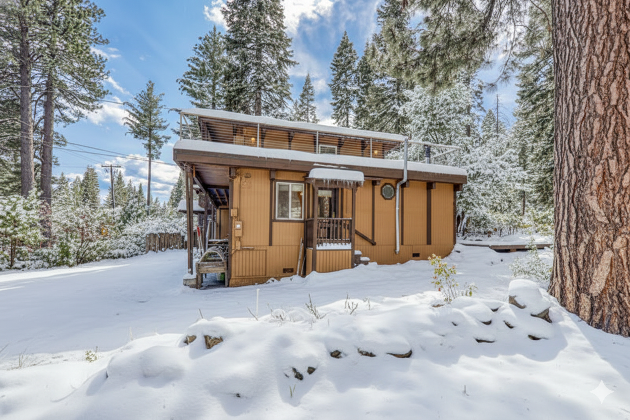 Charming mountain cabin nestled among towering pine trees, blanketed in fresh snow for a true winter getaway. This cozy alpine retreat features a rustic exterior, private balcony, and peaceful forest surroundings perfect for couples, or families