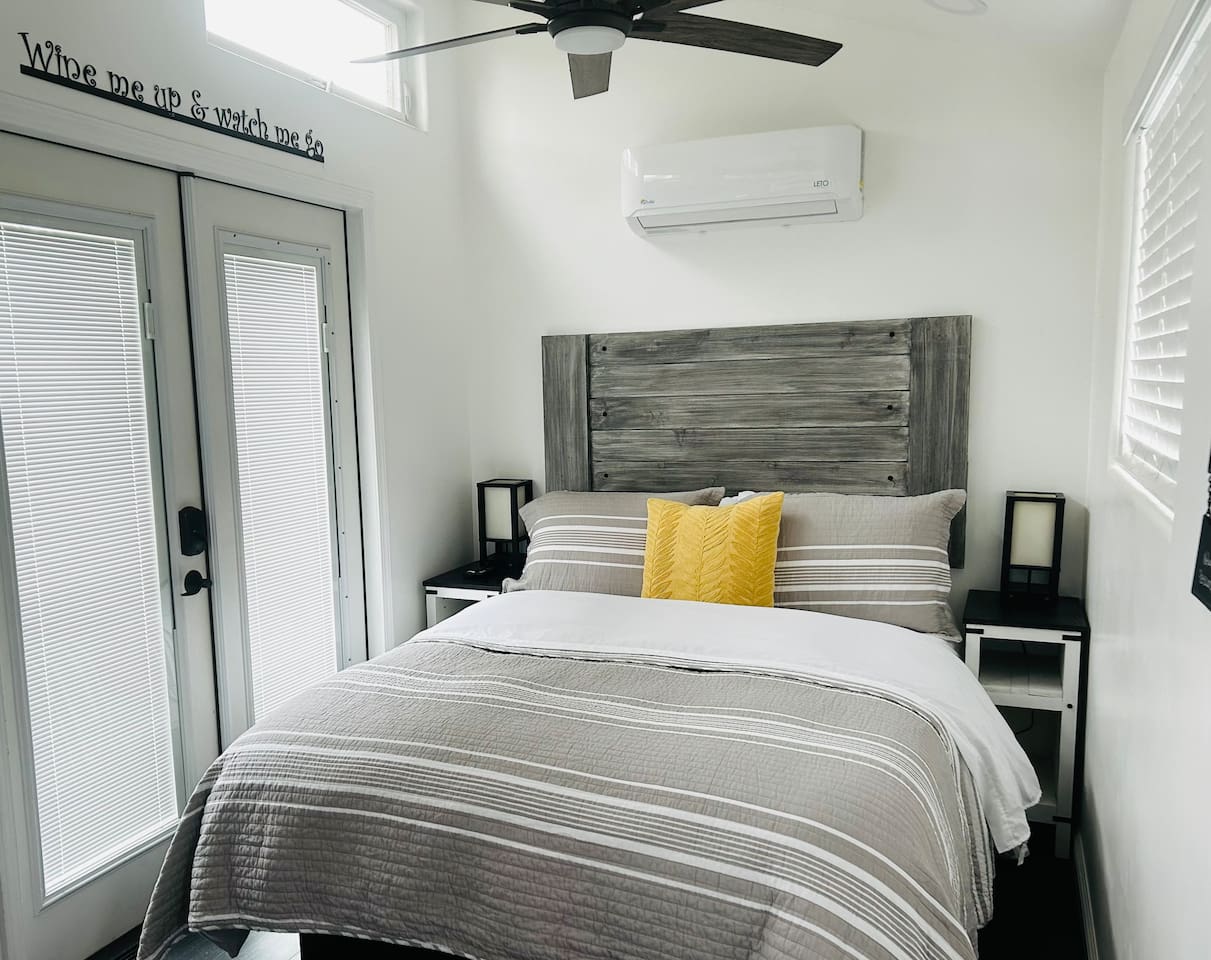 queen bed and minisplit AC in Tiny House