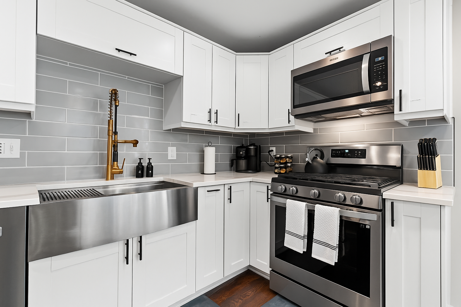 Sleek, modern kitchen with stainless steel appliances, farmhouse sink, and everything you need to cook at home.