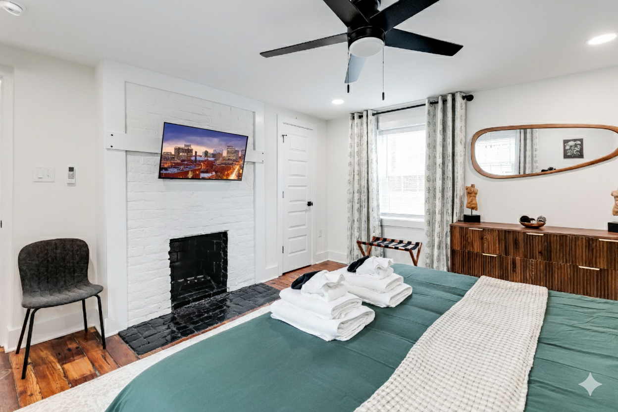 Charming Retreat: Enjoy sweeping city views and stylish decor in this inviting bedroom!