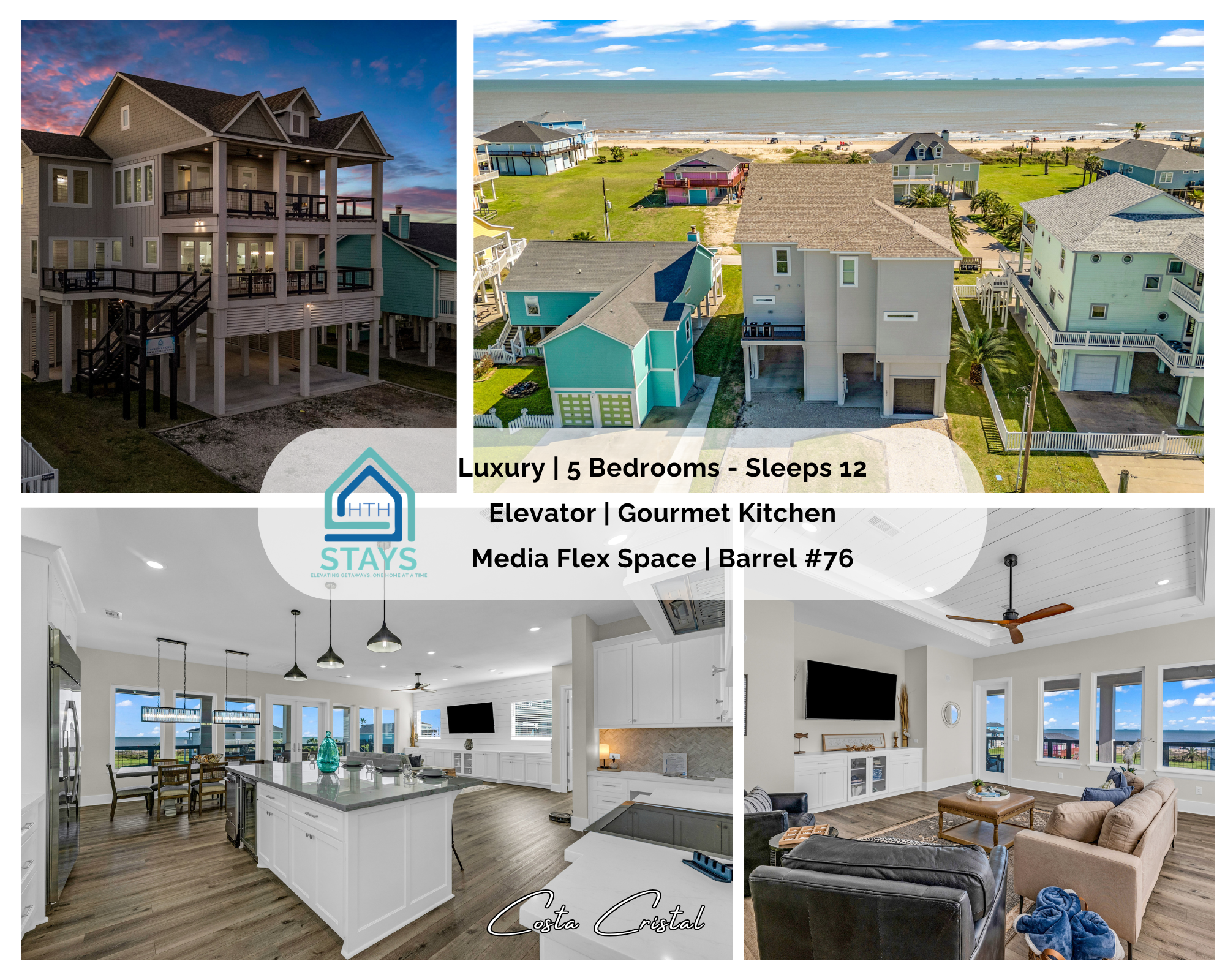 Costa Cristal Exterior: Experience a luxurious beach house with a private elevator, gourmet kitchen, and flexible media space perfect for relaxing or entertaining.