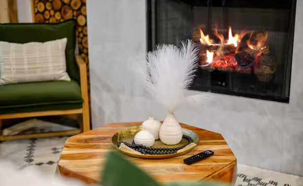 Warm up by the cozy indoor fireplace