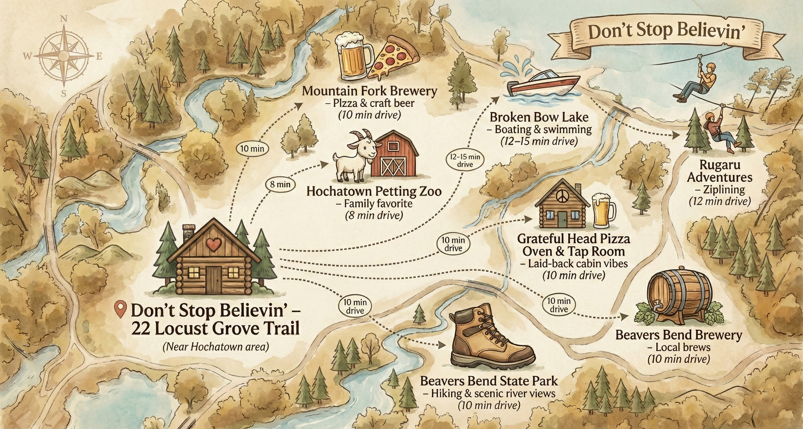 Beavers Bend, Broken Bow Lake, ziplining, breweries, and family attractions are all nearby. This map makes planning effortless so you can focus on making memories.