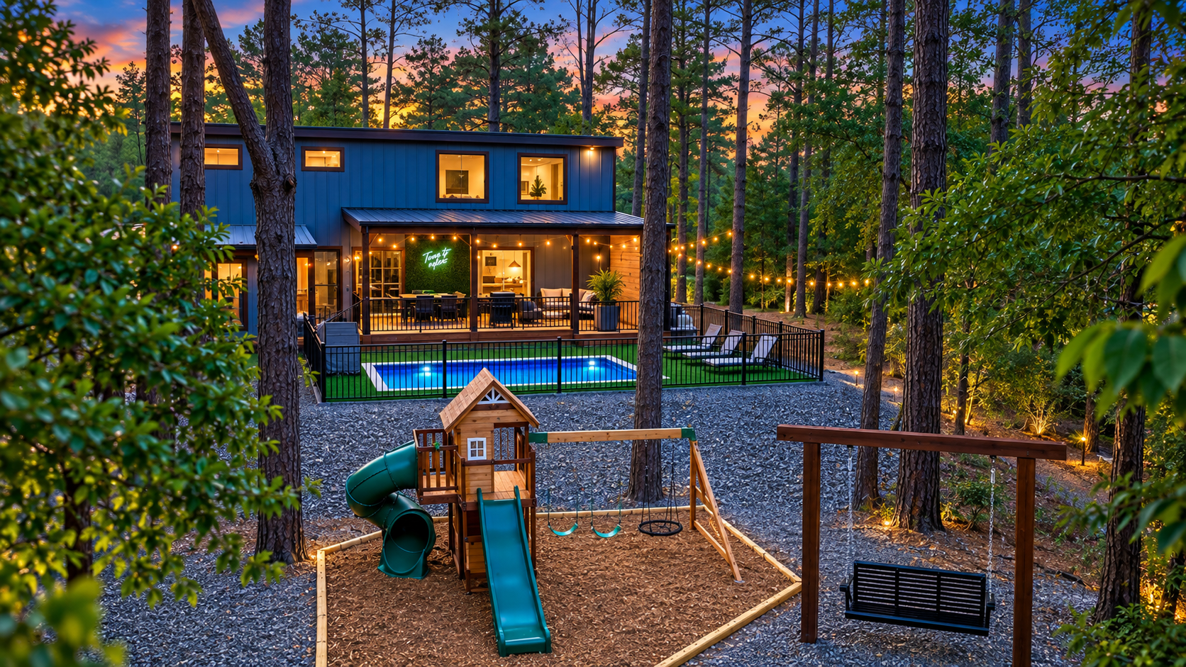 Made for adventurers, with a resort-style pool, playset plus TWO swing areas where adults can relax, watch the littles play, and look out over the peaceful fishing pond, all under the pines and just steps from the pickleball/basketball court & cinema.