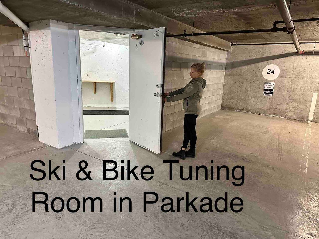 Parkade Ski & Bike tuning room with work bench for our guests to use during their stay.  Provide garage key required for access. 