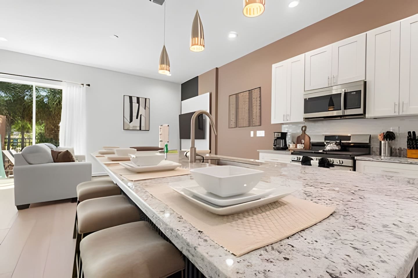 Enjoy a meal at the spacious kitchen counter, ideal for quick bites or casual conversations.