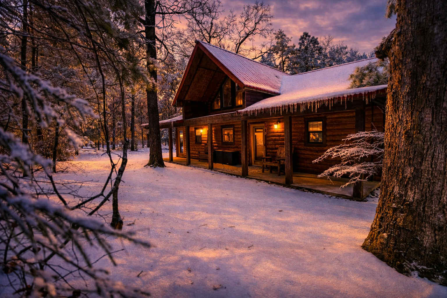 Exterior Retreat: Embrace nature's beauty from your charming, ice-dusted cabin hideaway!