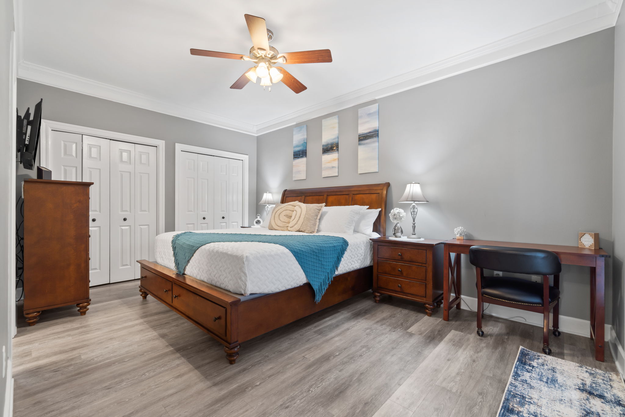 Master bedroom with desk for working or studying
