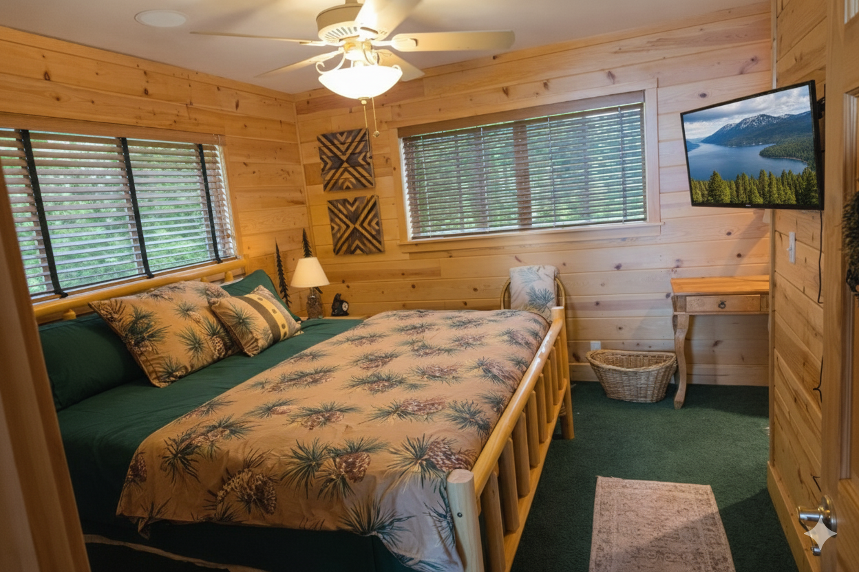 This bedroom is the closest to the front door.  It has an ensuite bathroom with shower, toilet, sink and storage.  It also has a king size bed, closet, tv, dresser and nightstands with lamps.