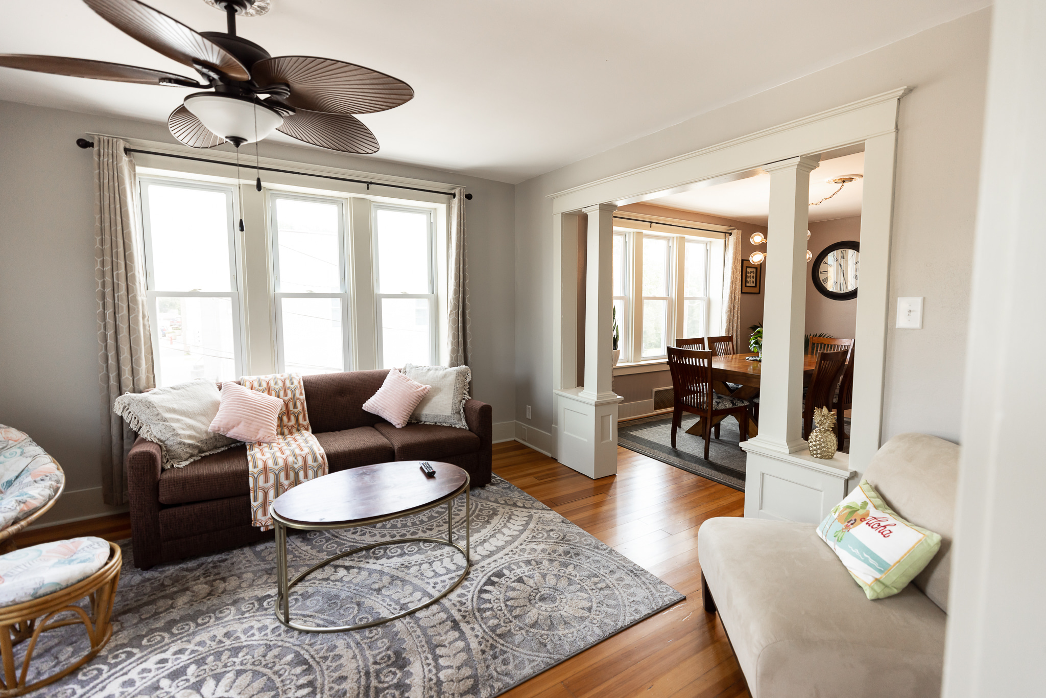 The cozy living room gives allows you to look down over the town.  The couch pulls out to a full queen sleeper with a 3 inch memory foam topper, extra linens & pillows in the front bedroom