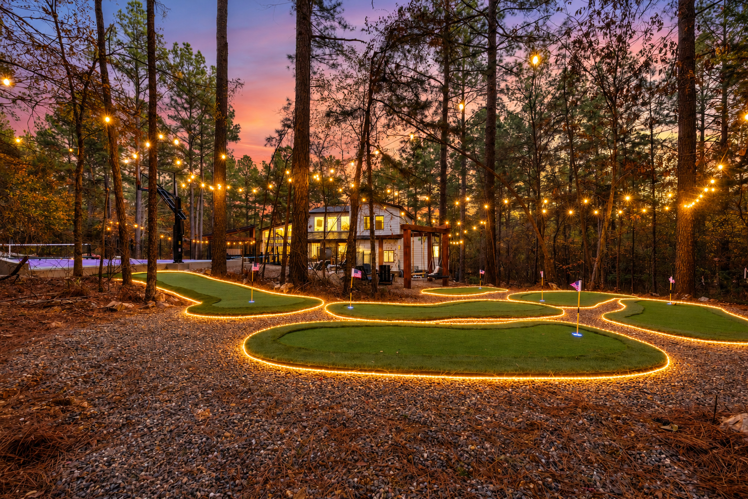 Tucked under a canopy of pines, even non-golfers won't be able to resist the ambiance! From sunlit afternoons to starry nights, our 6 hole GLOW mini Putt Course transitions seamlessly!