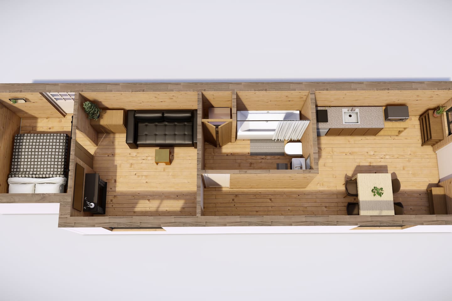 Tiny Elk 3D Floor Plan- Overhead orthographic floor‑plan of the cabin, showing (left to right) the private queen‑bedroom, living room with full‑size sleeper sofa, central bathroom with tub‑shower combo, and a full kitchen plus four‑seat dining area.