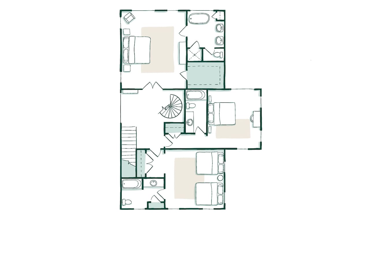 Three large bedrooms with private bathrooms. The primary Bedroom has a king bed and a large bathroom with a shower and soaking tub. The second bedroom has a queen bed and a desk. The third bedroom has two queen beds and a large closet. 