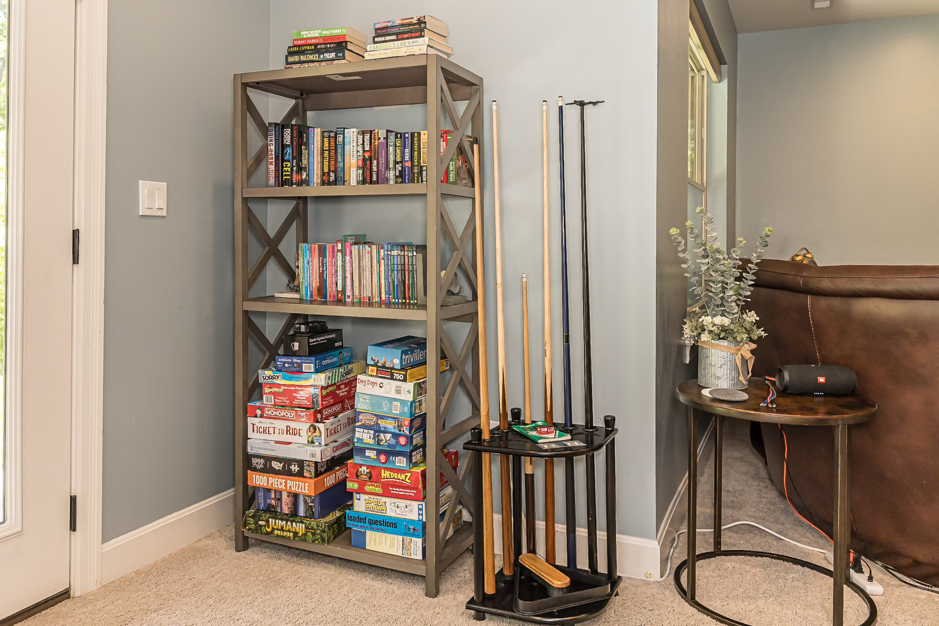 Board games, books, and puzzles are ready for rainy days.