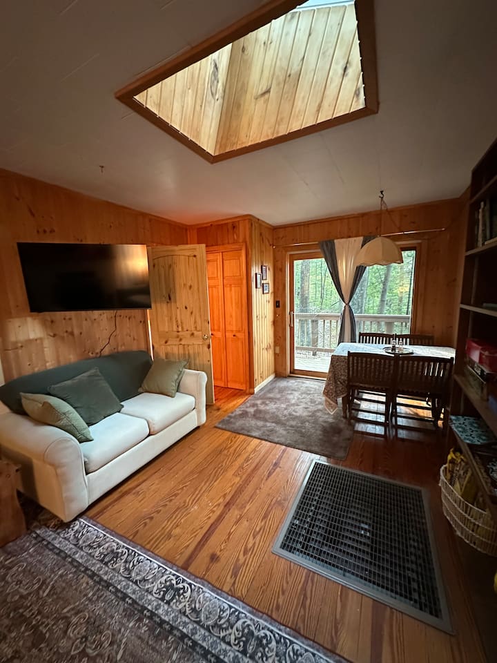 This couch pulls out into a twin-size bed, perfect for extra guests. Behind it, the wall-mounted smart TV extends and swivels, allowing you to adjust the viewing angle from anywhere in the room.