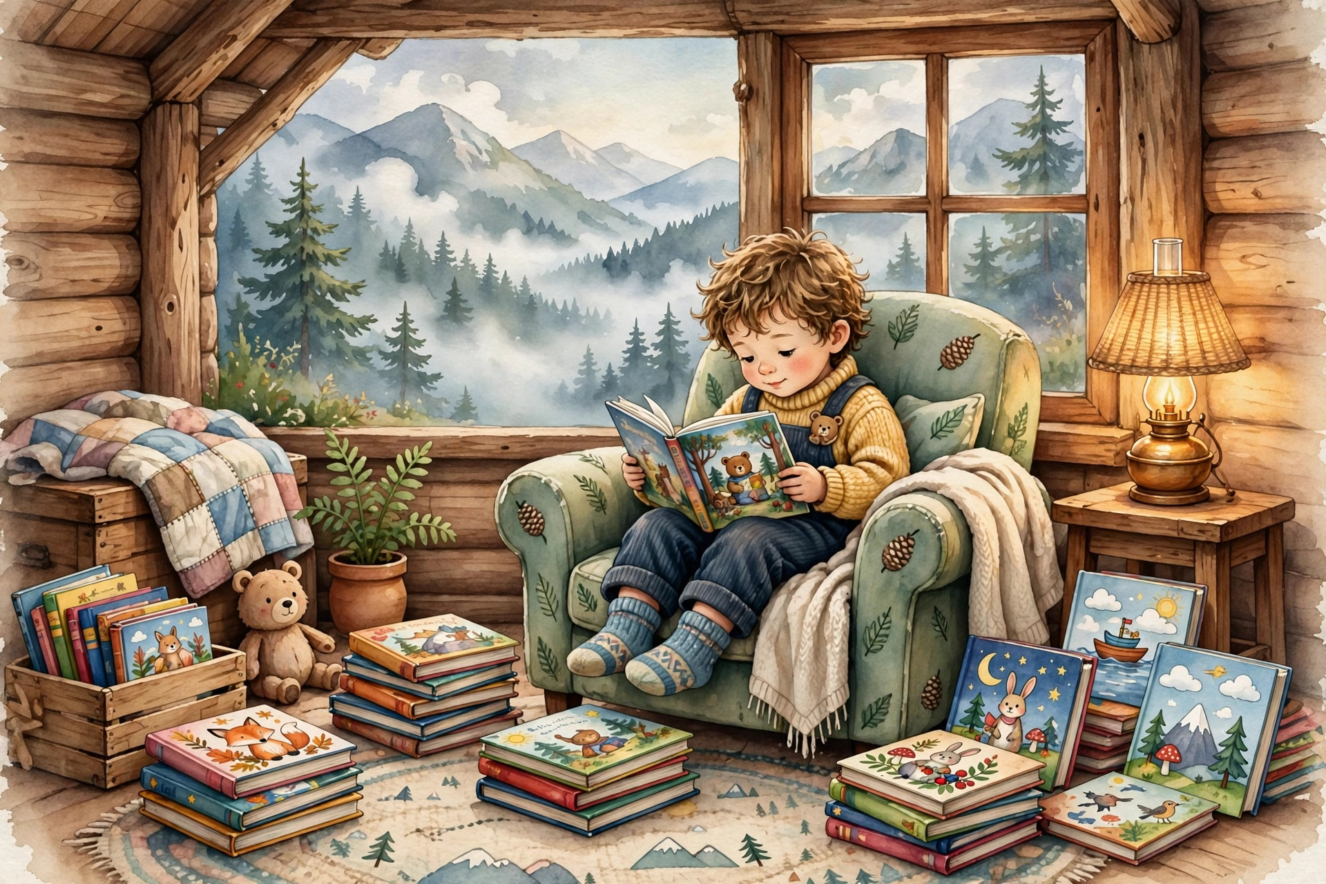 Illustration: a cozy mountain cabin reading nook at golden hour, picture books stacked on a wooden table, a child reading in a window seat overlooking the Smokies