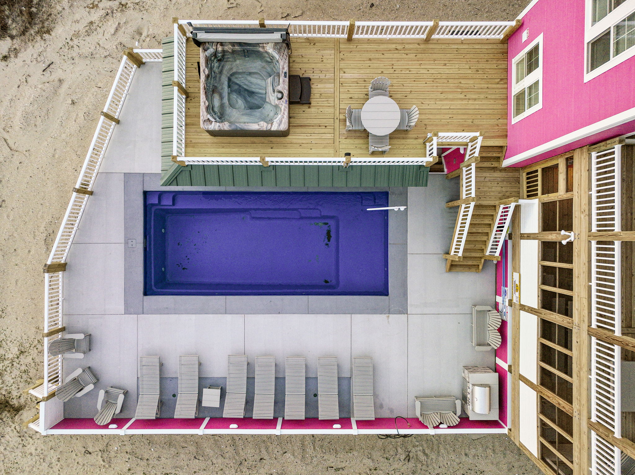 Overhead View of Private Pool, Hot Tub, & Lounge Seating