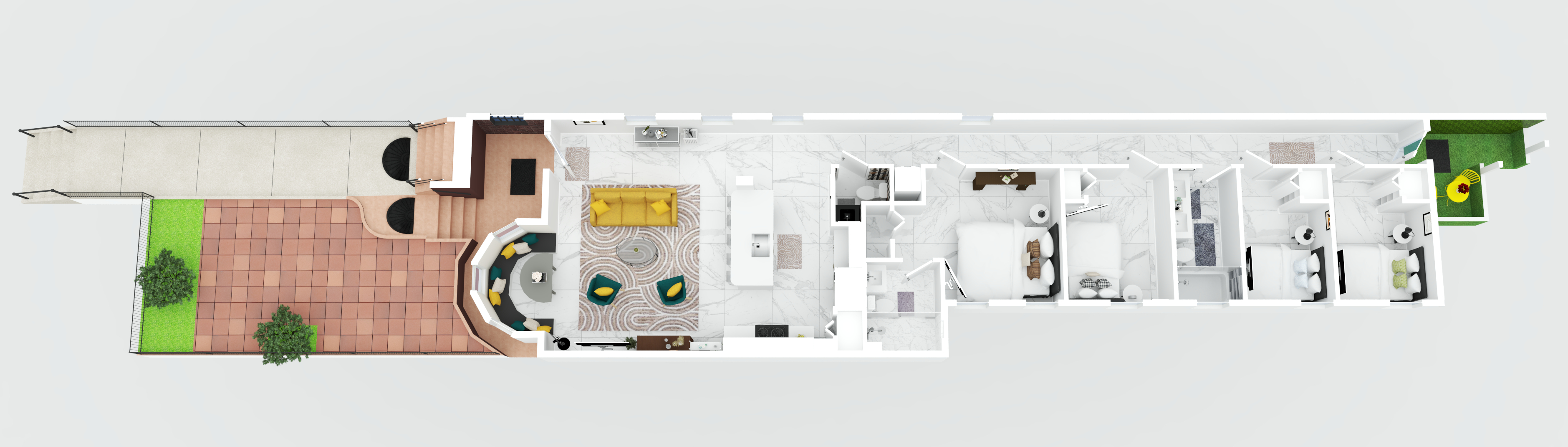 The lower level (Unit B) is approximately 1,300 sq ft total (interior) and has 4 bedrooms and 2.5 bathrooms, along with a shared front patio area and rear patio area on the exterior