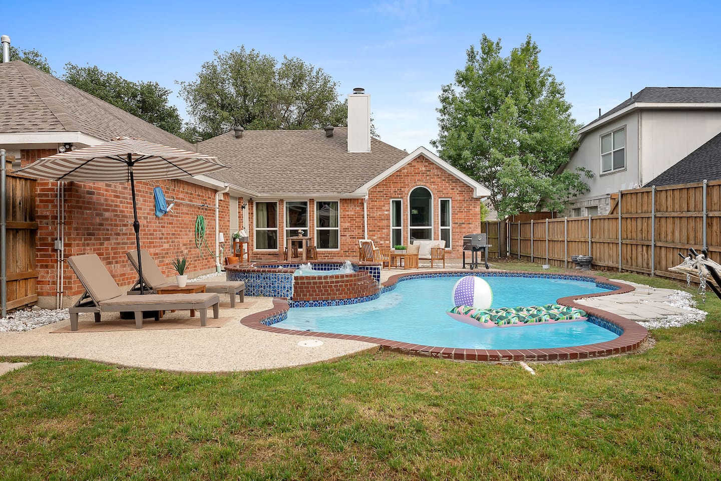 Dive into our refreshing pool, unwind in the inviting hot tub (available year-round), and savor the sizzle of a BBQ grill amidst the comfort of lounge beds, the perfect recipe for a day of relaxation and outdoor enjoyment.