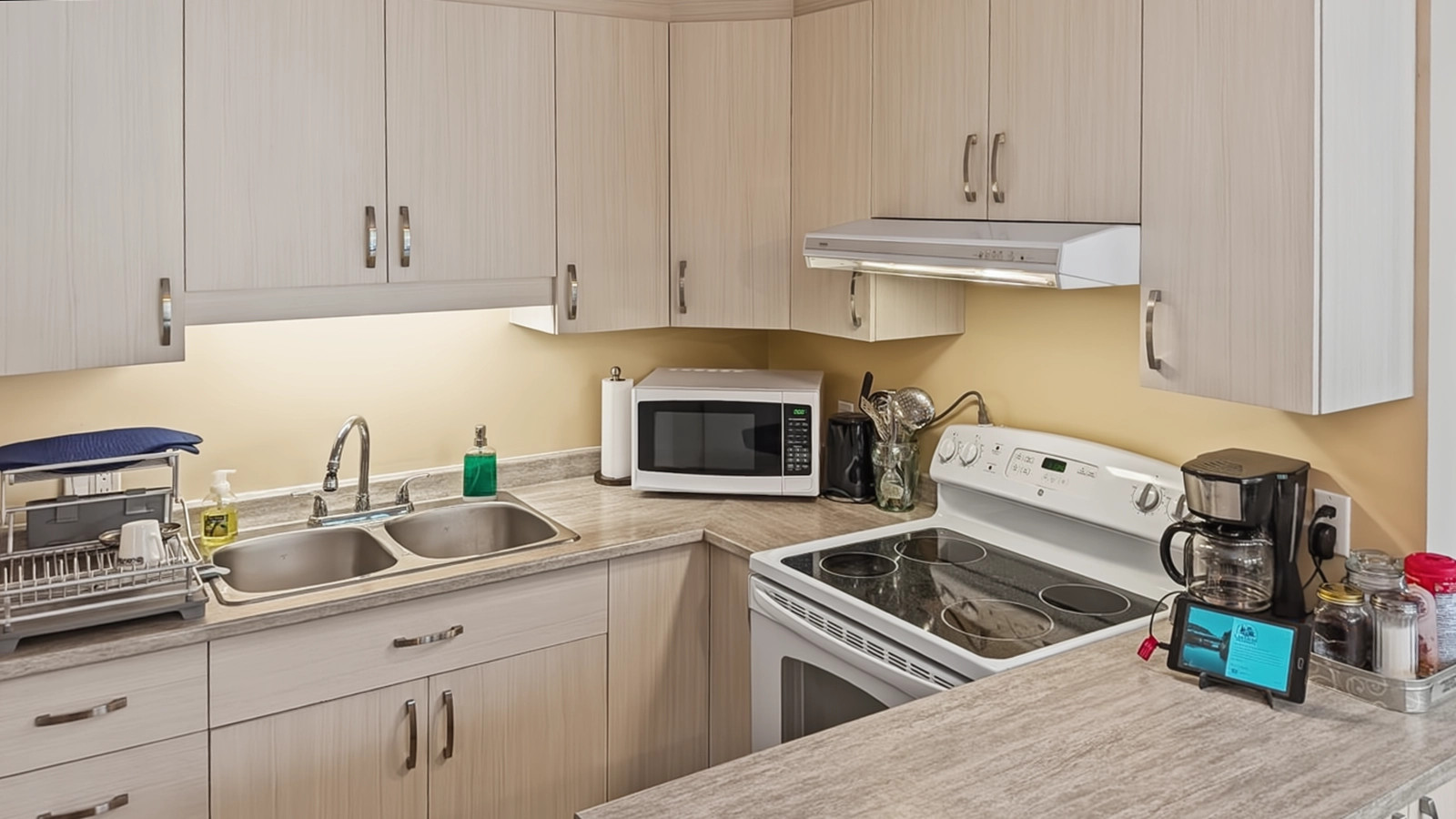 Kitchen counter up closer showing smaller appliances