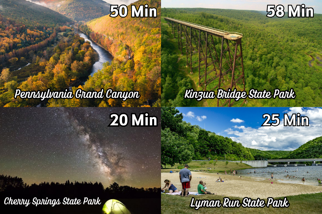 Adventure is all around you — just 20 minutes to Cherry Springs State Park for world-class stargazing, 25 minutes to Lyman Run’s beach, 50 minutes to the Pennsylvania Grand Canyon, and under an hour to Kinzua Bridge State Park.