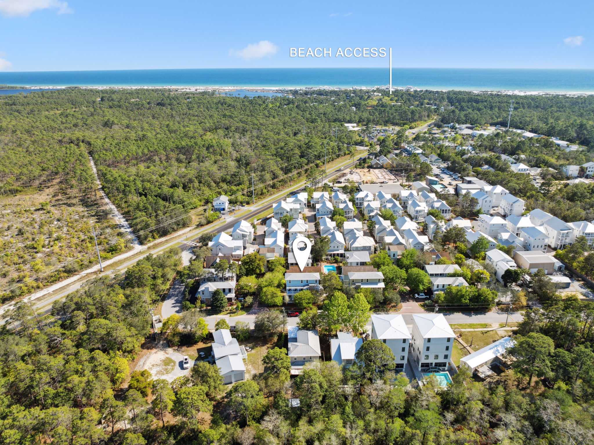 Beach access is just a quick 5-minute drive down the iconic Grayton Beach, through-town path.  Towering pines, magnolias, and scrub oaks twist in the ocean breeze--creating a stunning, windswept canopy as you head south towards the Gulf.