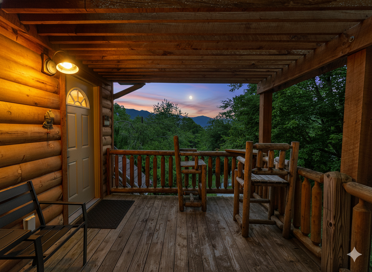 Rustic charm and tranquil moments await on this inviting porch.
