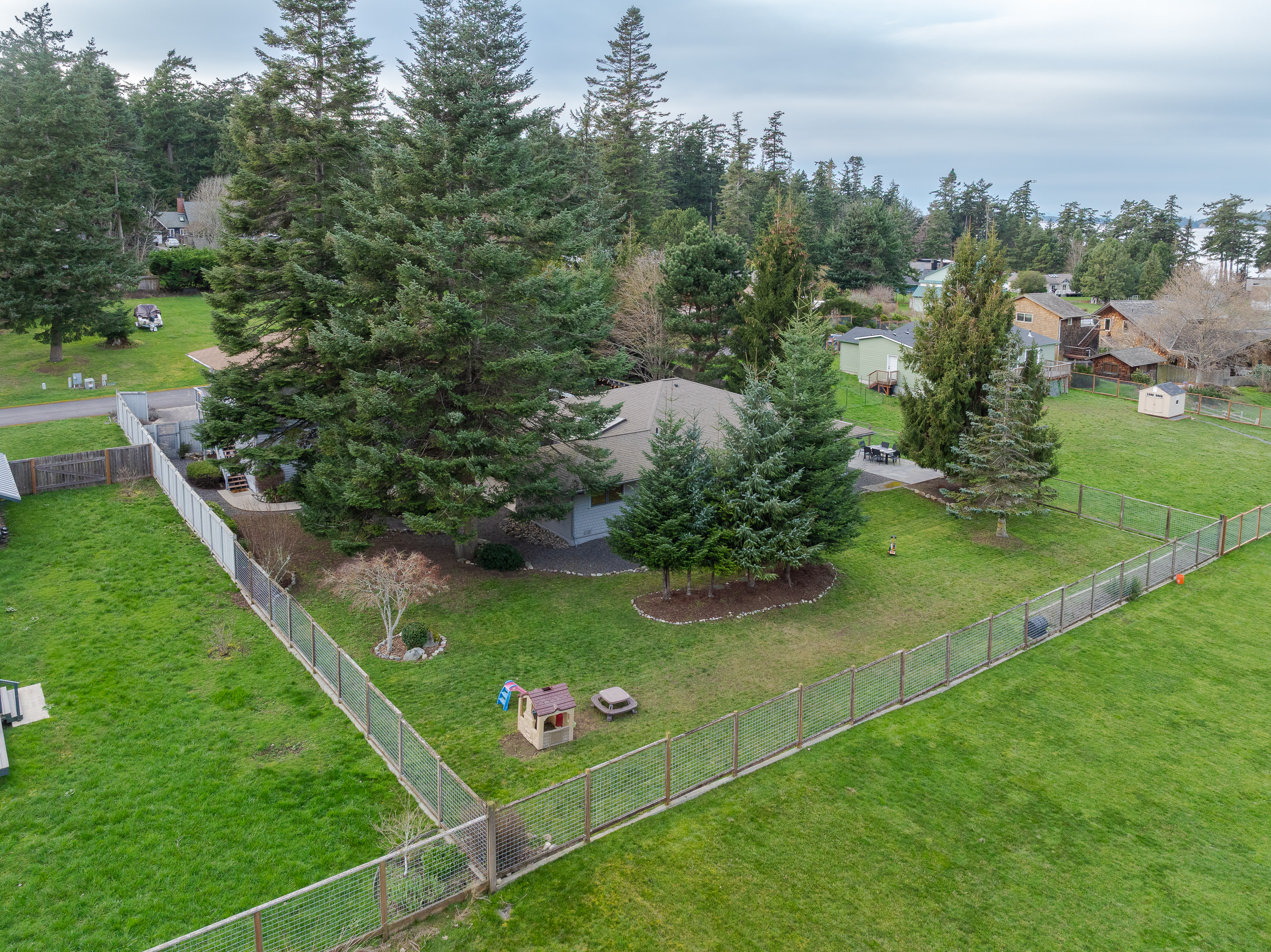 Aerial view of the property showcases a large, fenced yard, lush grassy areas and a home nestled among towering trees that ensure seclusion and tranquility.