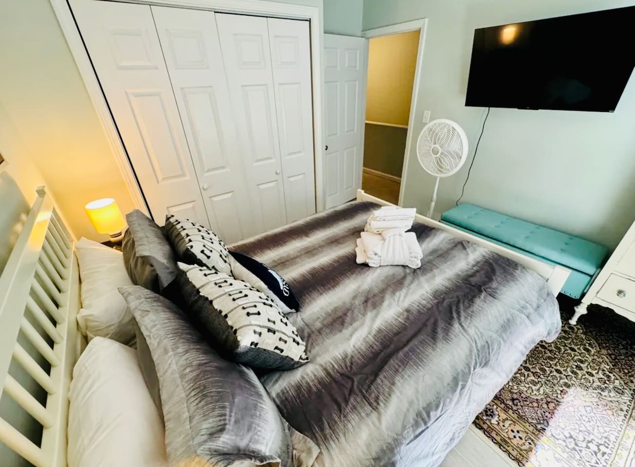 Bedroom with plush bedding