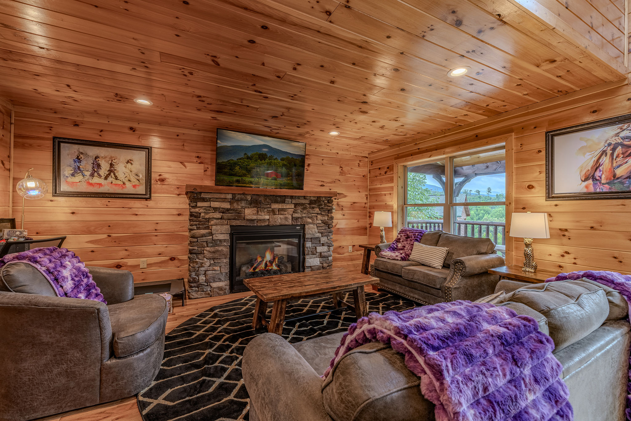 The Grand Lounge is the heart of Headliner Hideaway, designed like the private mountain retreat of a musician who has spent decades on the road and finally found a place to slow down.