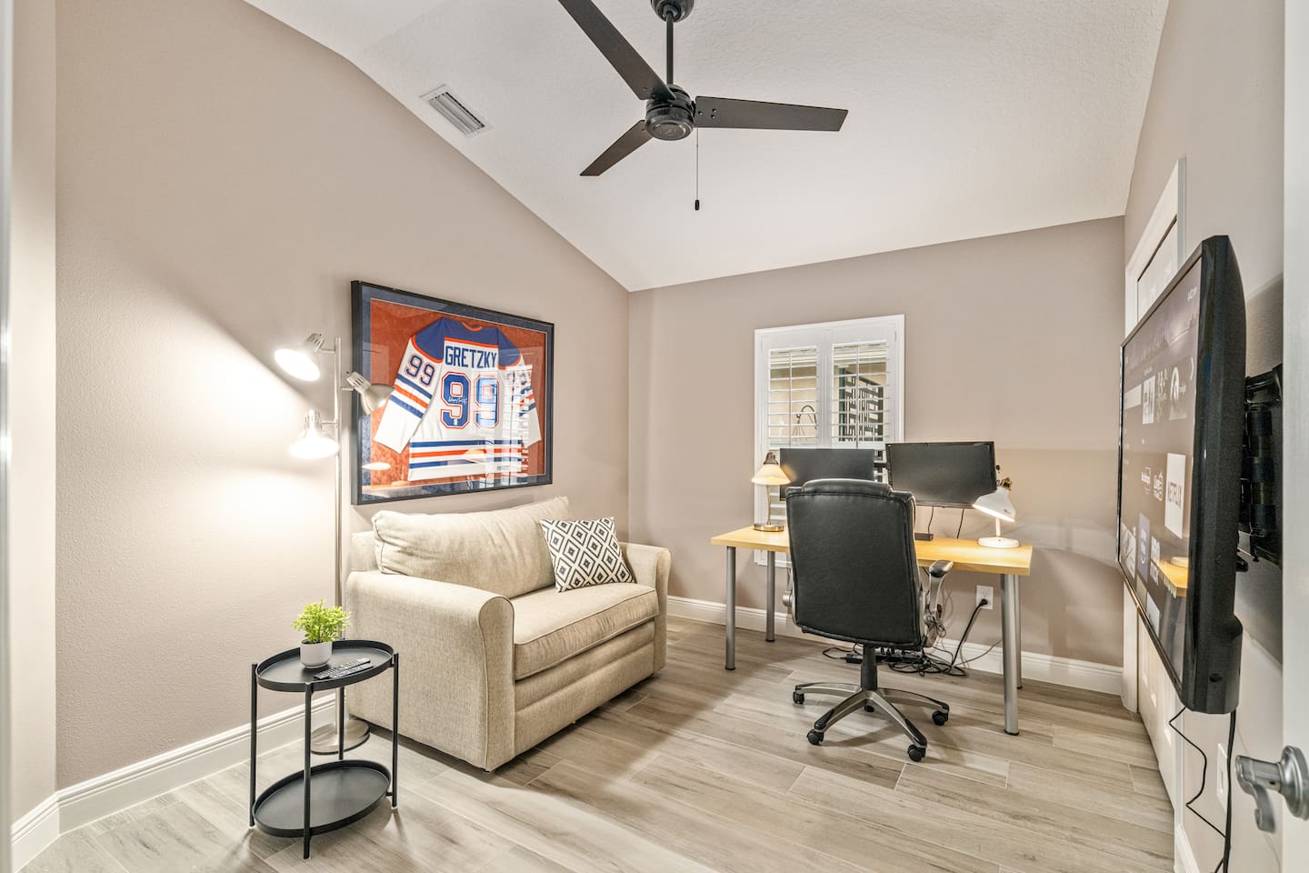  The den-featuring a desk with dual screens- is a quiet tucked away workspace.  This room is great for getting work done or simply enjoying a peaceful moment with a book or show.  The chair is a twin pull out bed an extra sleeping space is needed.