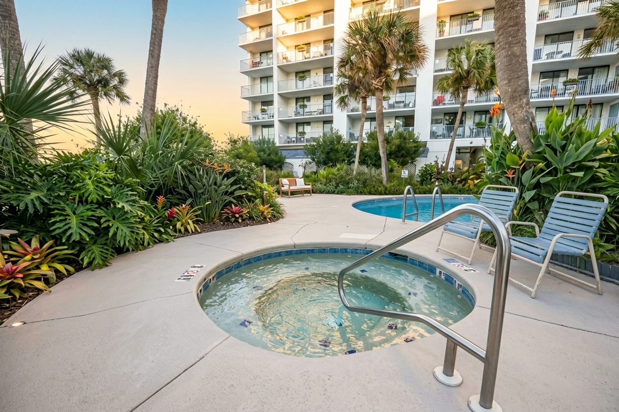 Year-round relaxation. The community hot tub is maintained for consistent warmth and comfort. It’s a straightforward way to wind down in the evening, tucked into the tropical landscaping near the pool.