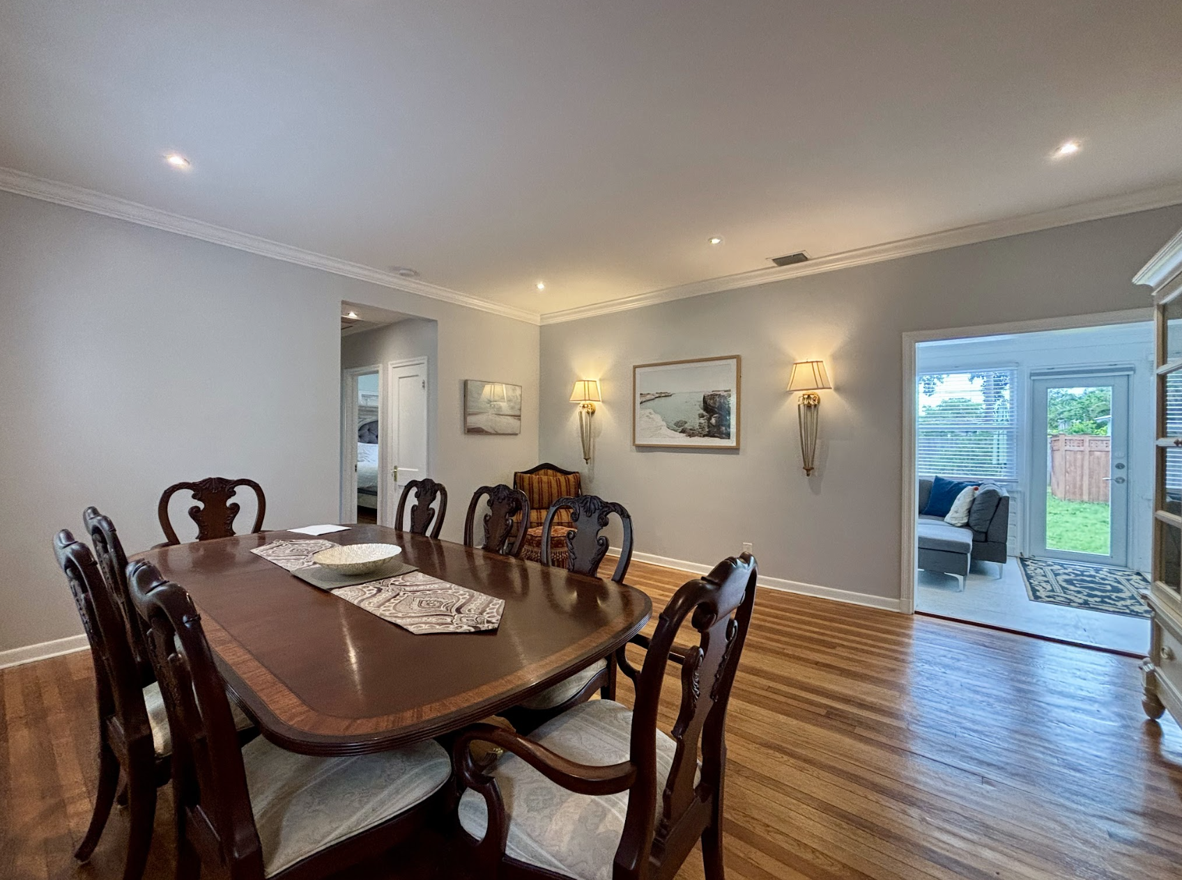 The large dining area has plenty of room for everyone to gather around the table for home-cooked meals together.